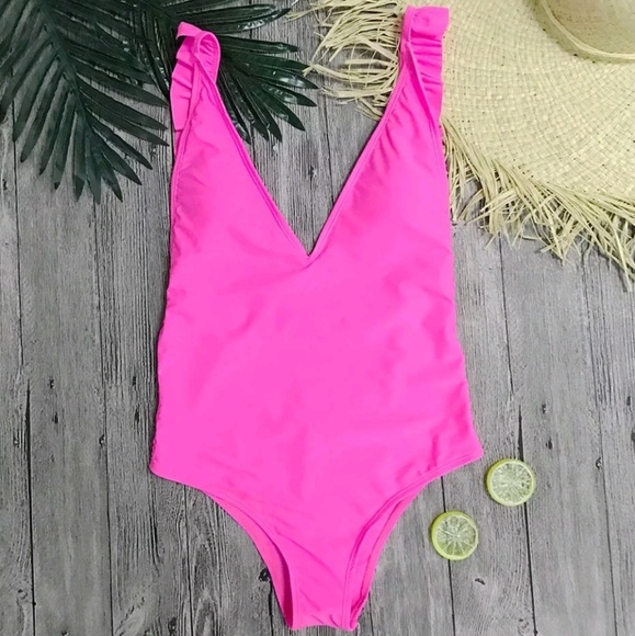 STRAPPY LOW BACK RUFFLE TRIM PLUNGED V ONE PIECE - Picture 6 of 8